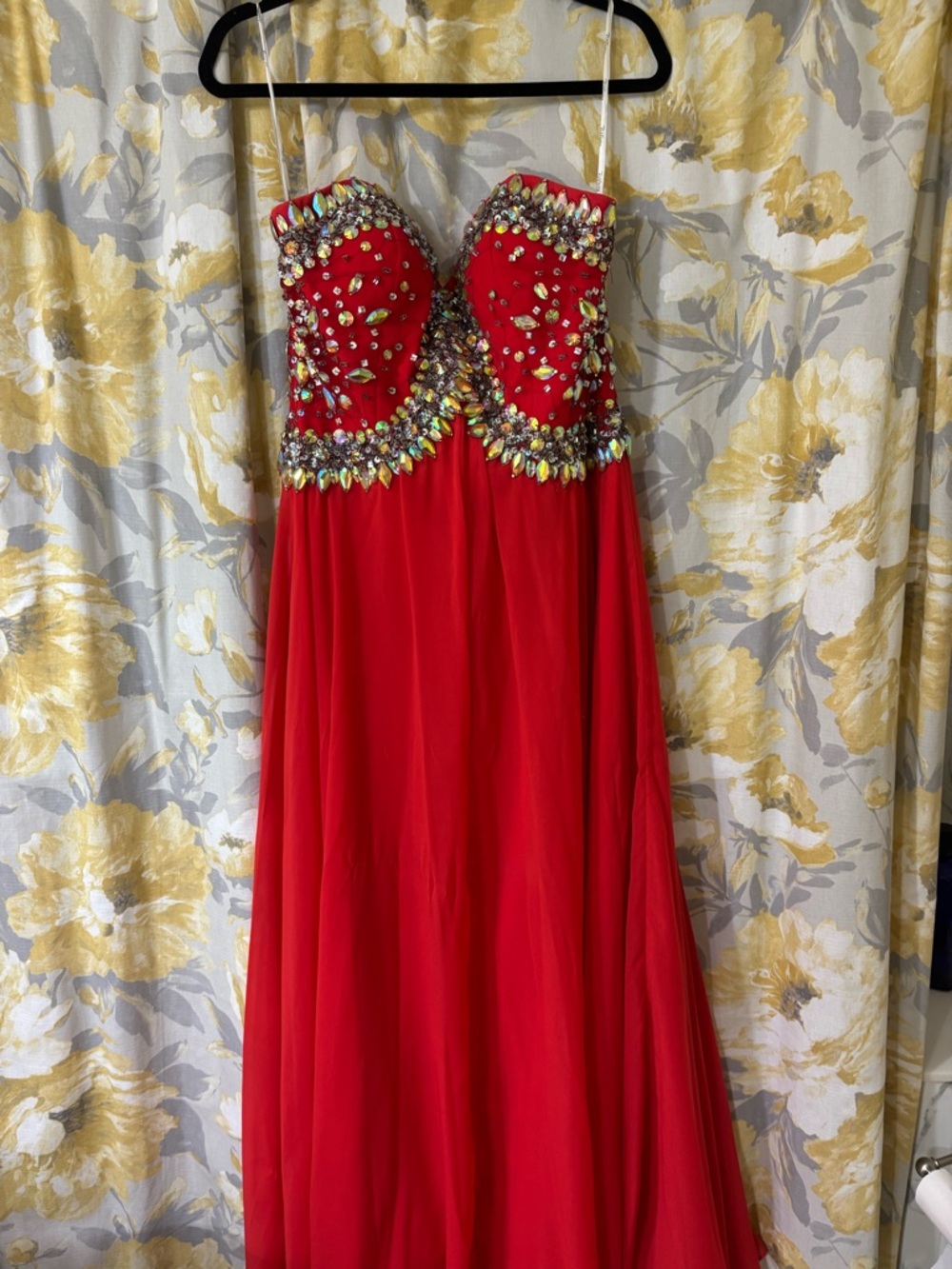 Tiffany Designs Red Strapless Jeweled Prom Gown